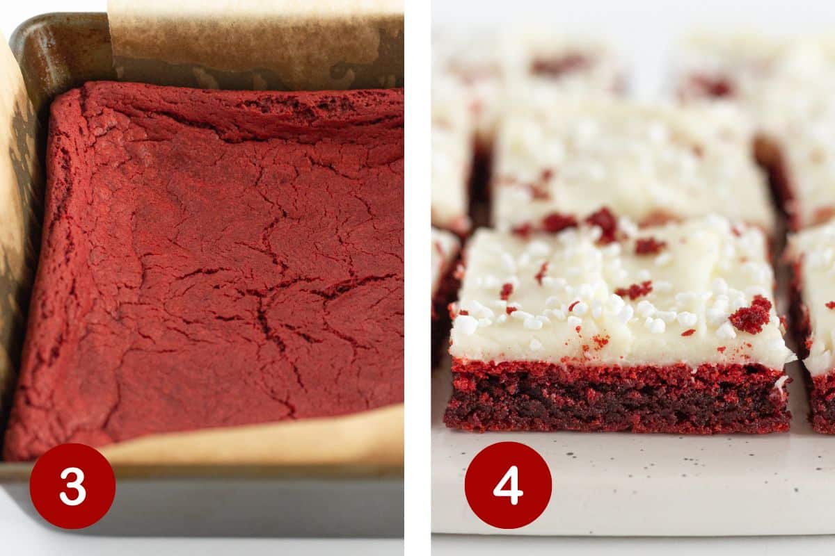 Baking, frosting and cutting the red velvet brownies with cream cheese frosting.