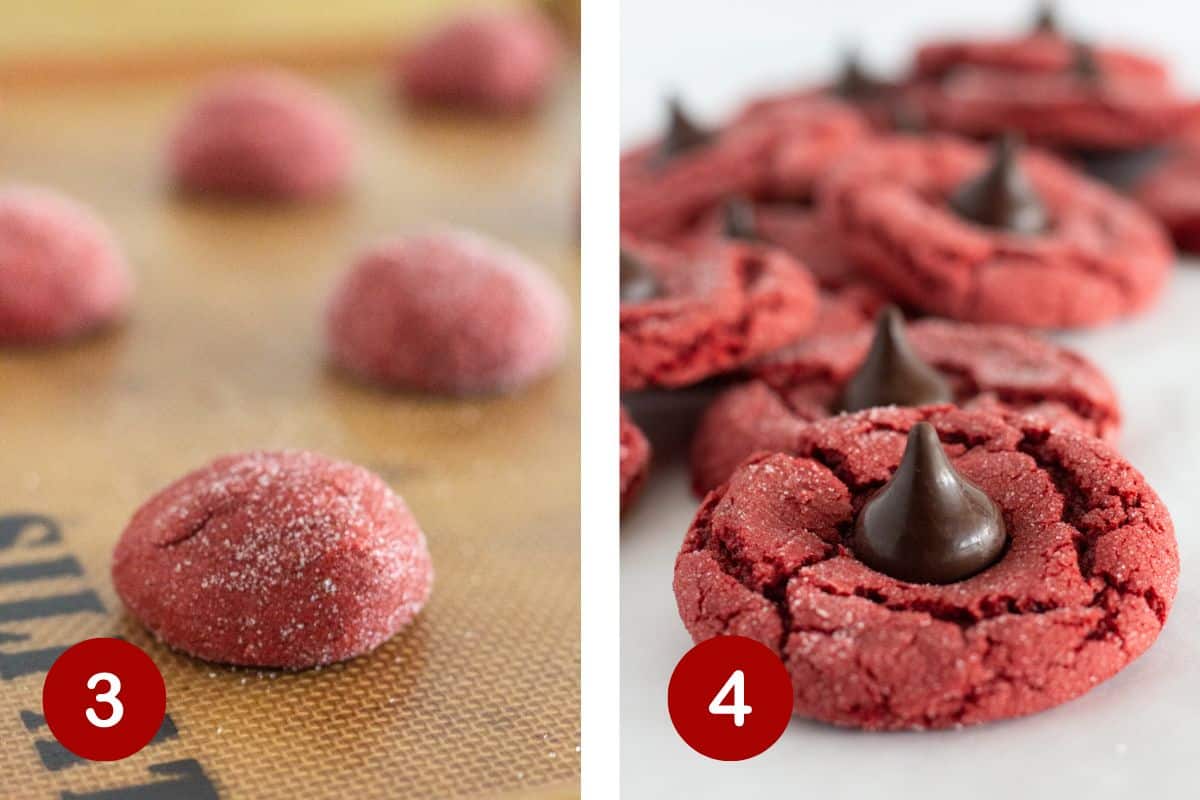 Adding cookie dough to baking sheet and finishing baked cookies with a candy kiss.