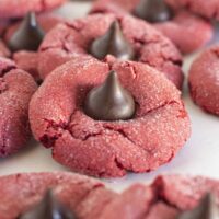 Red Velvet Kiss Cookies on a white tray.