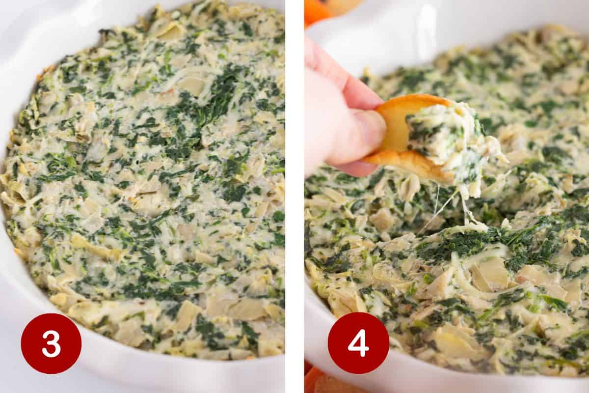 Baking the spinach and artichoke dip and serving with crackers.