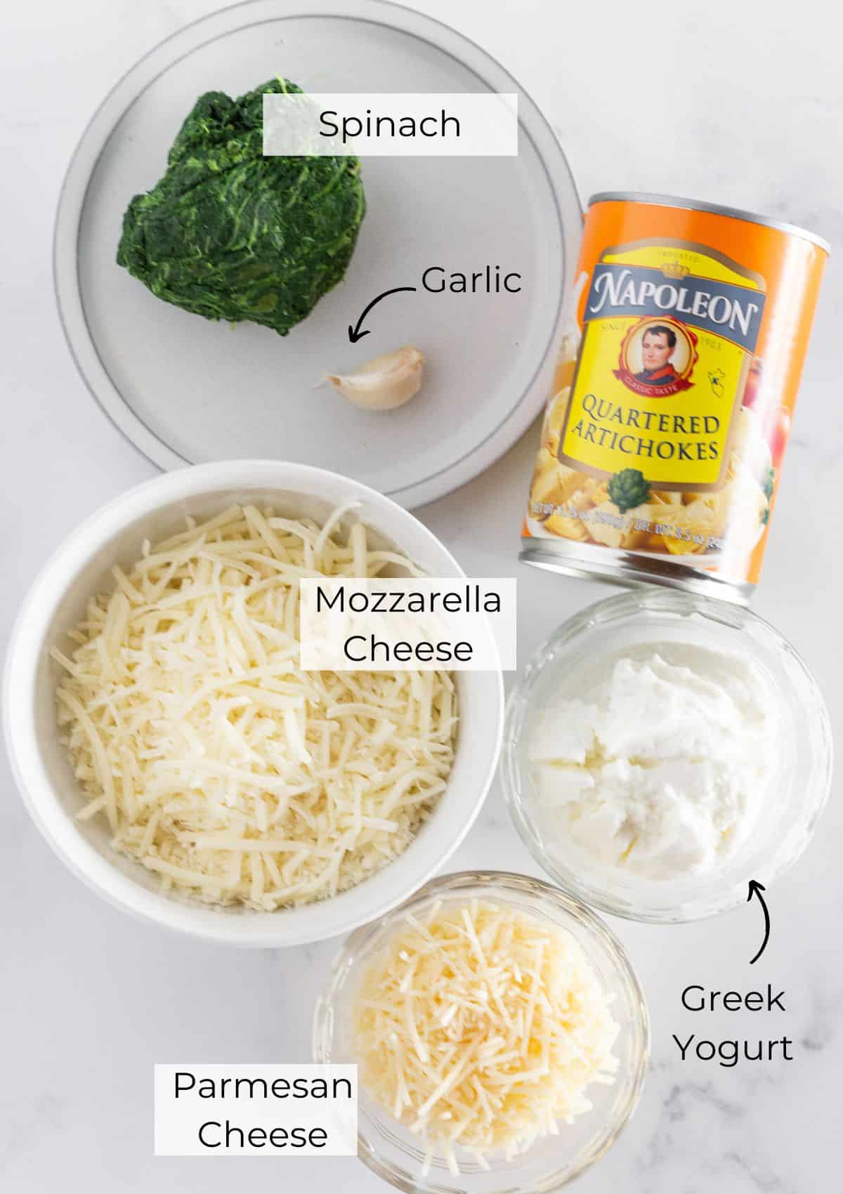 Ingredients needed to make Spinach and Artichoke dip.