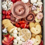 Looking down at a Valentine's Day Charcuterie Board.