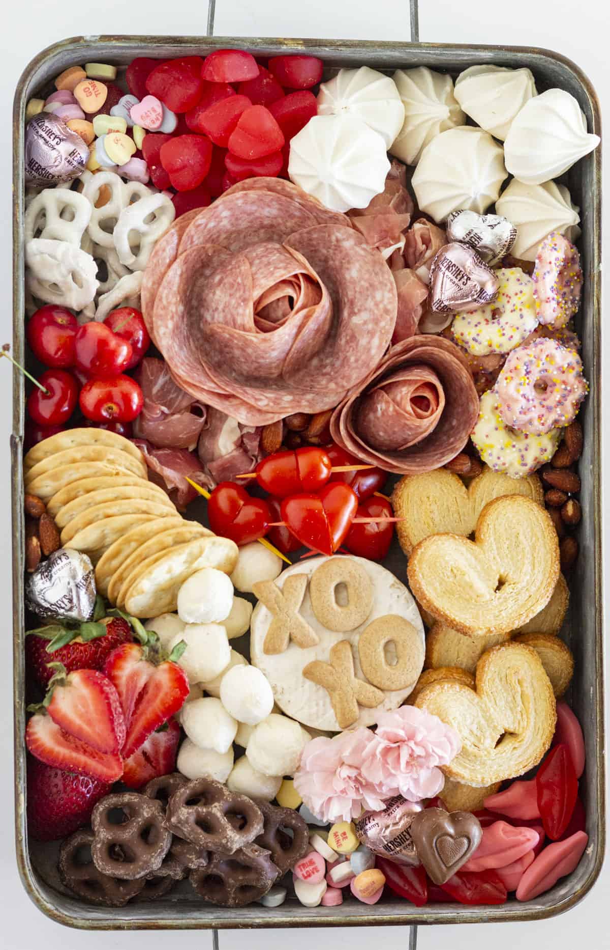 Looking down on a Valentine's Day Charcuterie Board.