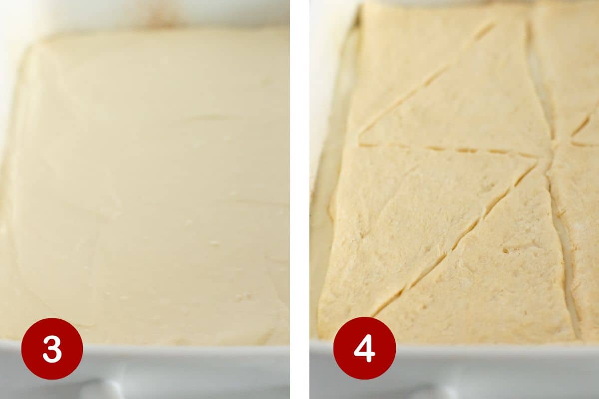 Make cheesecake filling, add to the pan and top with additional crescent roll dough.