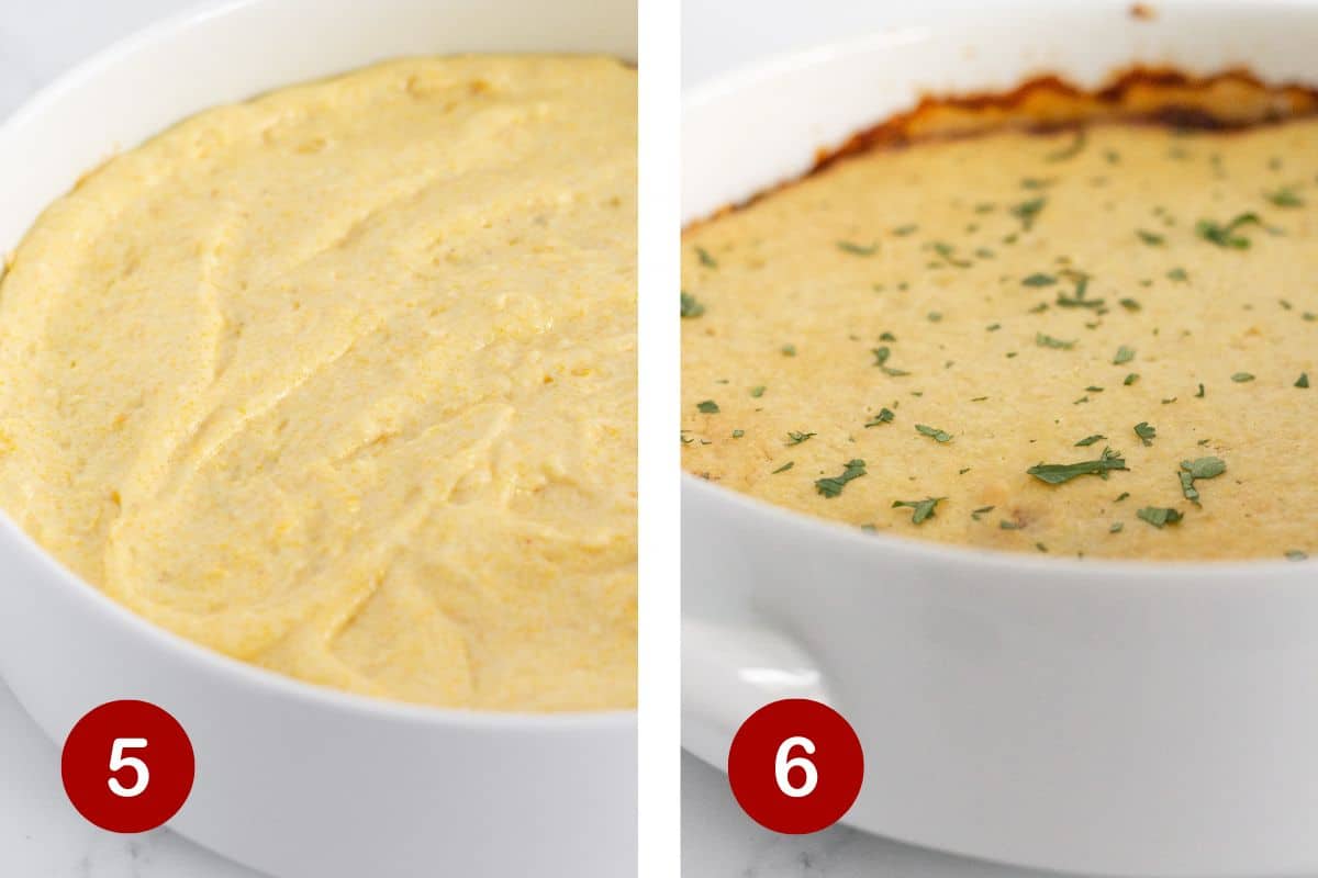 Topping with cornbread and baking.