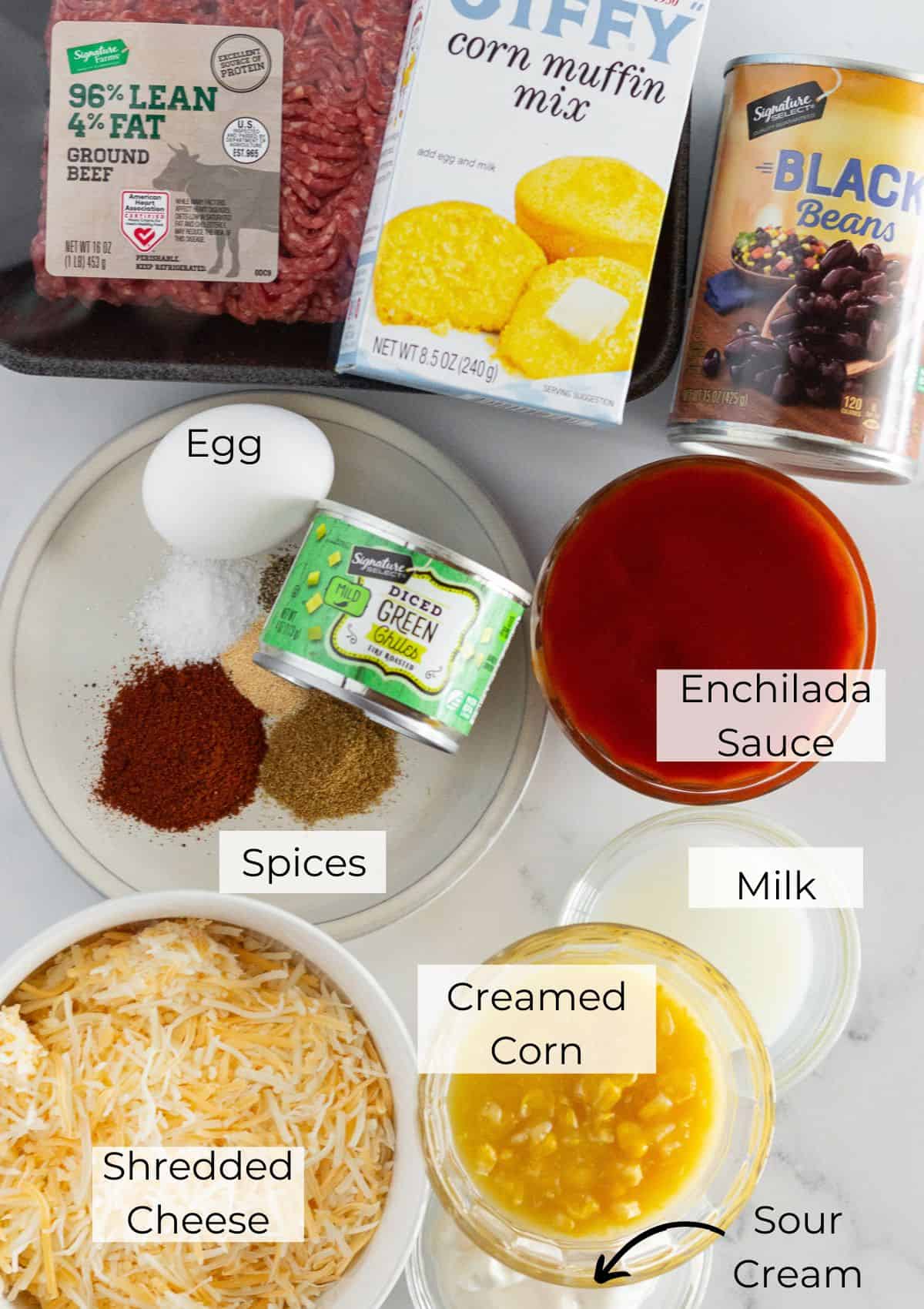 The ingredients needed to make tamale pie with Jiffy corn muffin mix.