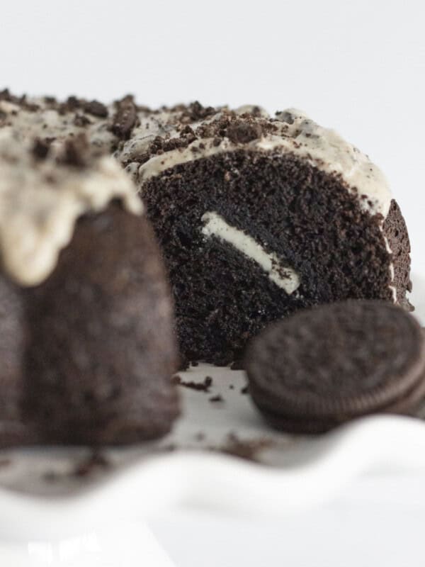 Looking at the inside of an Oreo Bundt Cake recipe.