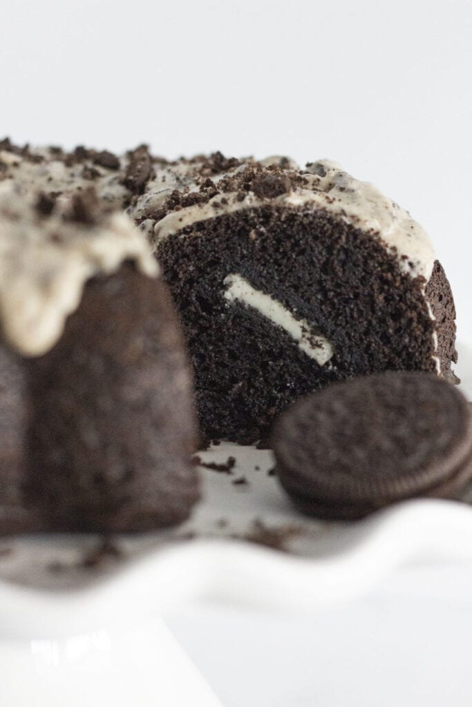 Looking at the inside of an Oreo Bundt Cake recipe.