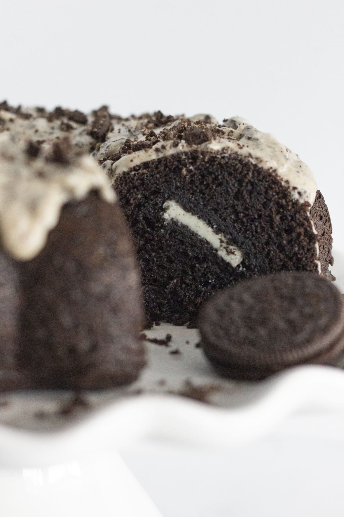 Looking into the inside of an Oreo Bundt Cake.