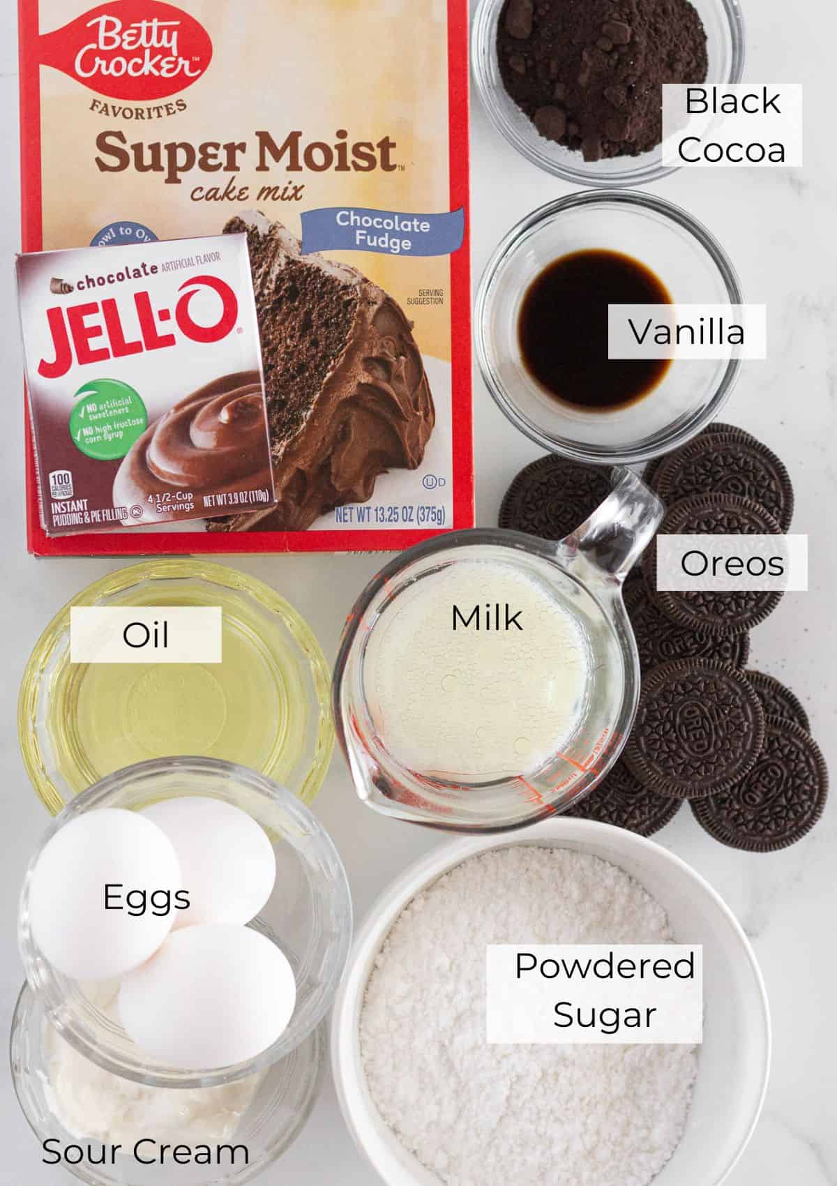 The ingredients needed to make an Oreo Bundt Cake.