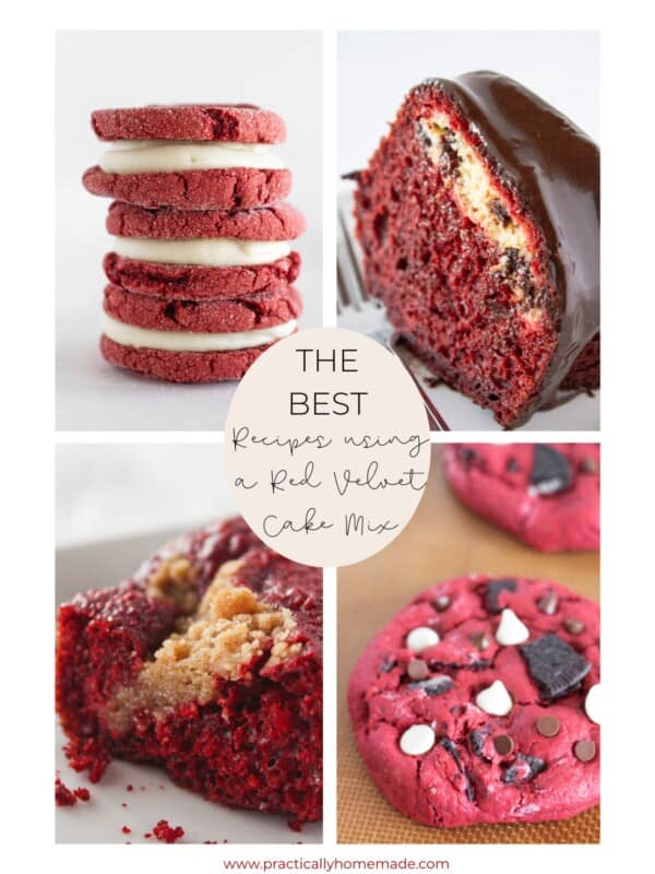 A collage of four desserts using a red velvet cake mix.