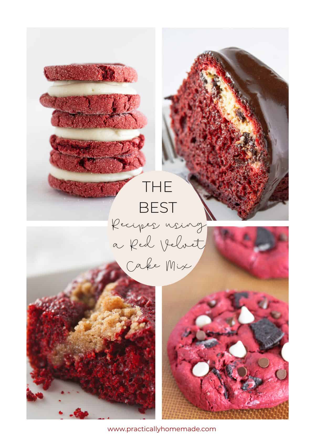 A collage of four different desserts using a red velvet cake mix.