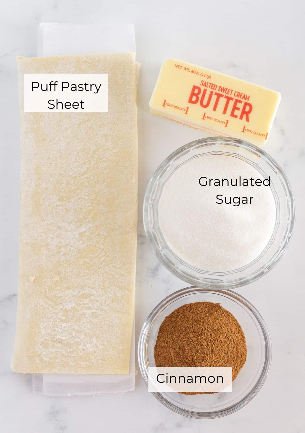 The ingredients needed to make baked churros with puff pastry.