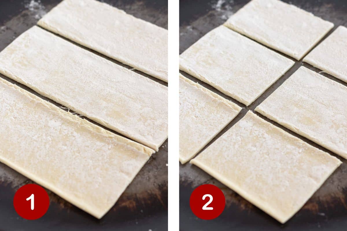 Cutting the puff pastry into thirds and then into sixths.