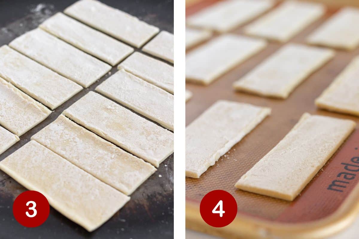 The finishing cuts of the puff pastry and transferring them to a baking sheet.