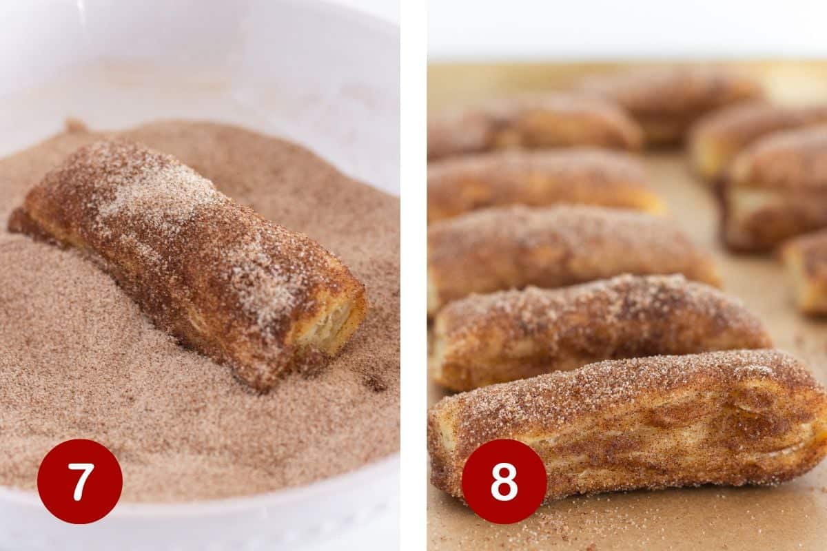 Rolling the baked churro in cinnamon sugar and serving.