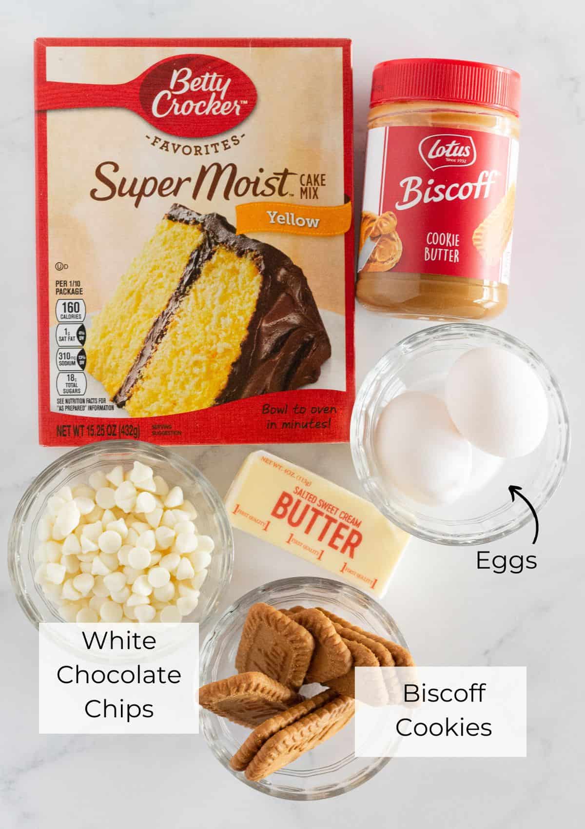 Ingredients needed to make homemade cookie butter cookies.