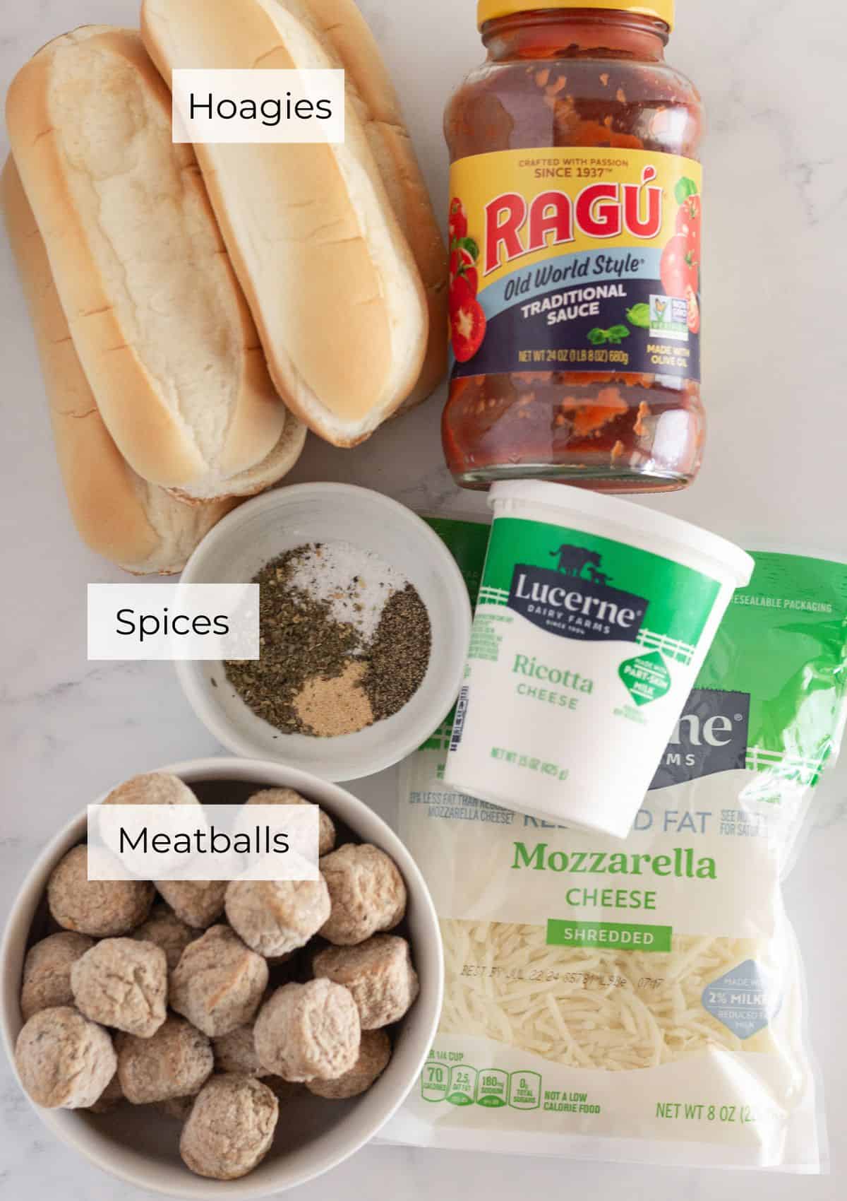 The ingredients needed to make meatball sub casserole.