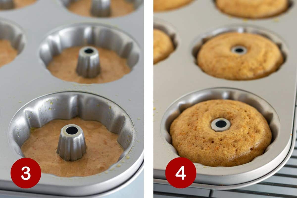 Filling the mini bundt pan and baking the cakes.