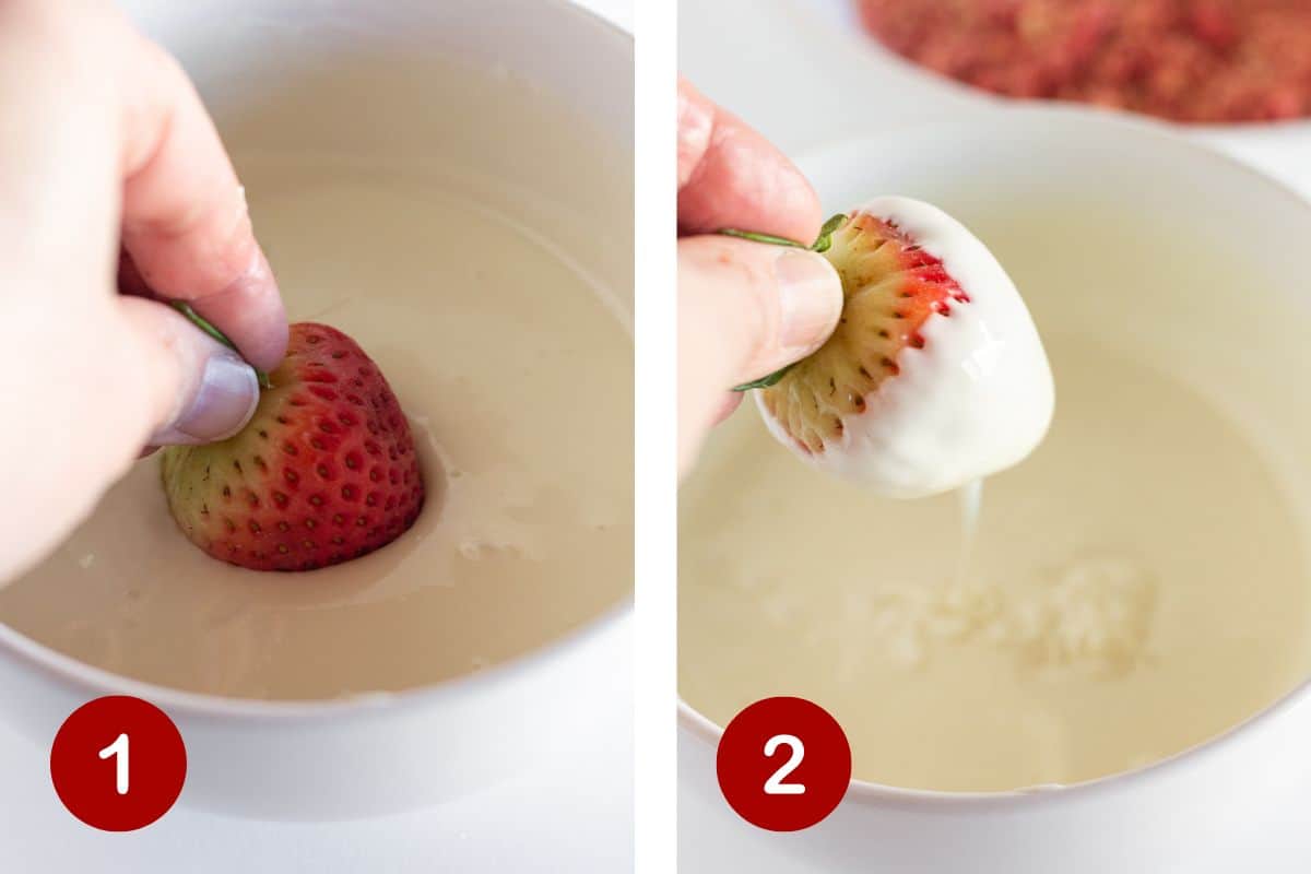 Melting the chocolate and dipping the strawberries.