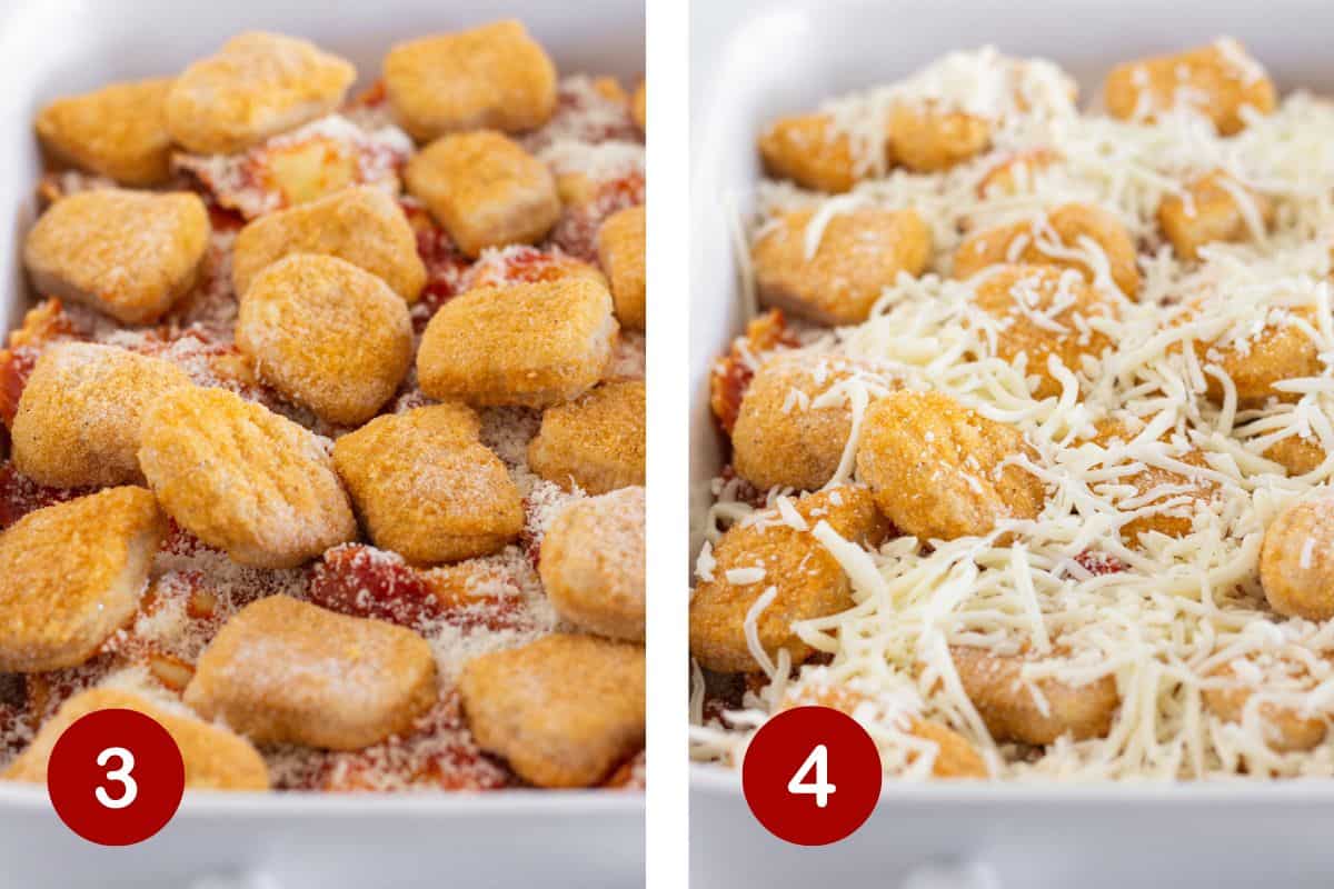 Add chicken nuggets and mozzarella cheese to the top.