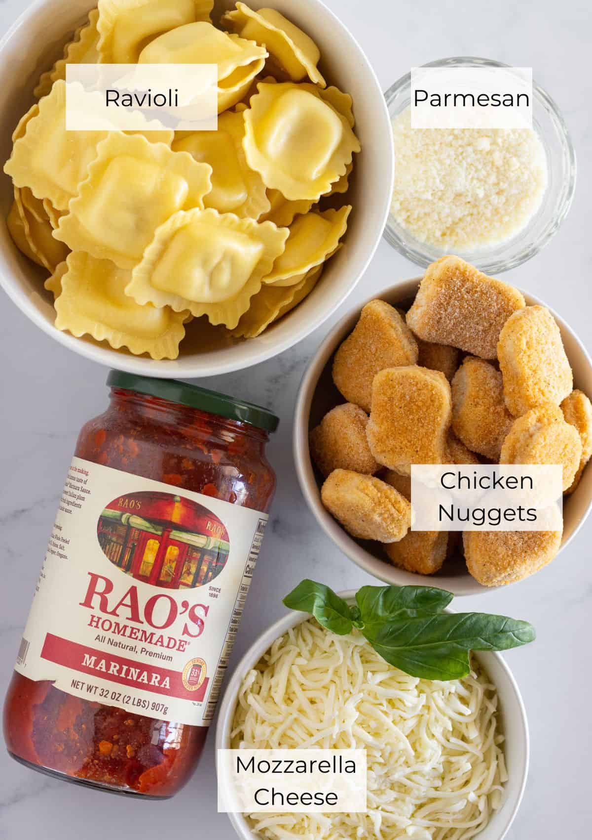 The ingredients needed to make chicken parm ravioli bake.