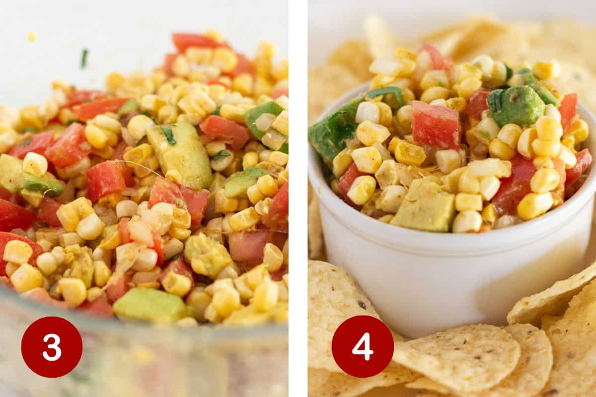 Mixing the corn salsa together and serving it with corn chips.