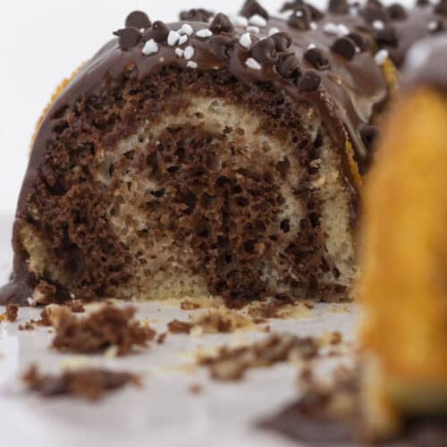 Looking into the middle of a chocolate and vanilla marble cake.