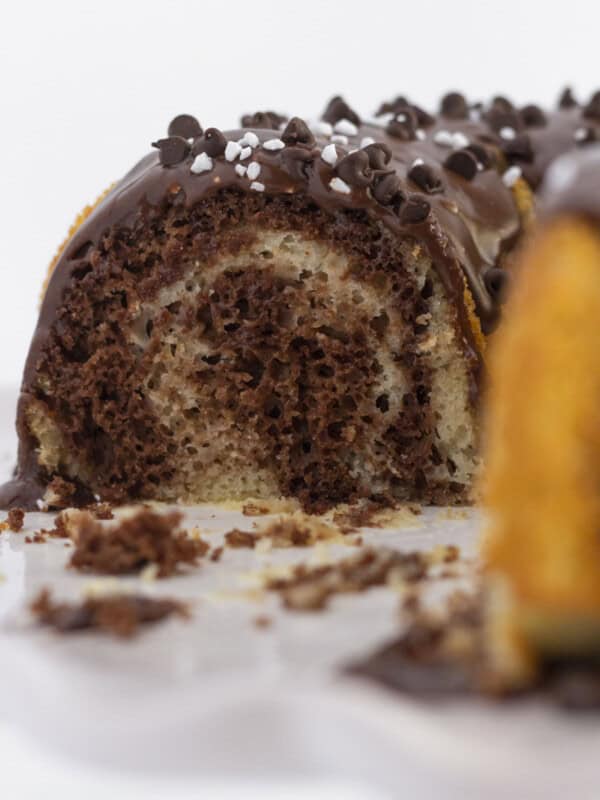 Looking into the middle of a chocolate and vanilla marble cake.