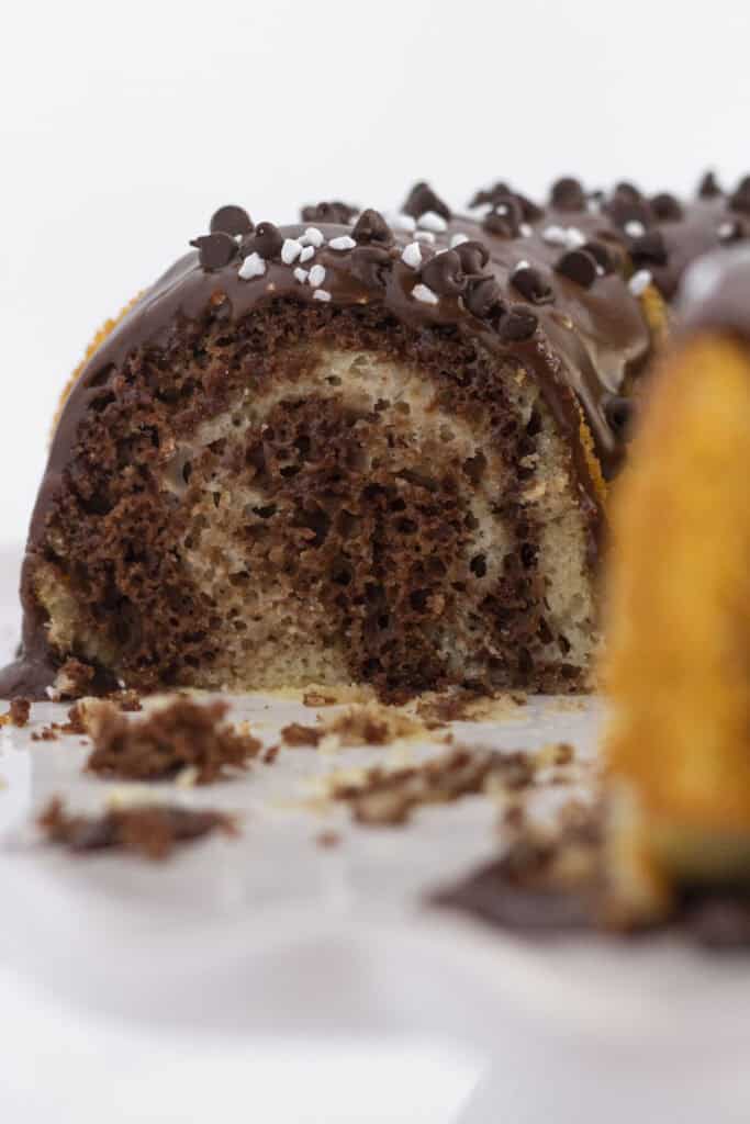 Looking into the middle of a chocolate and vanilla marble cake.