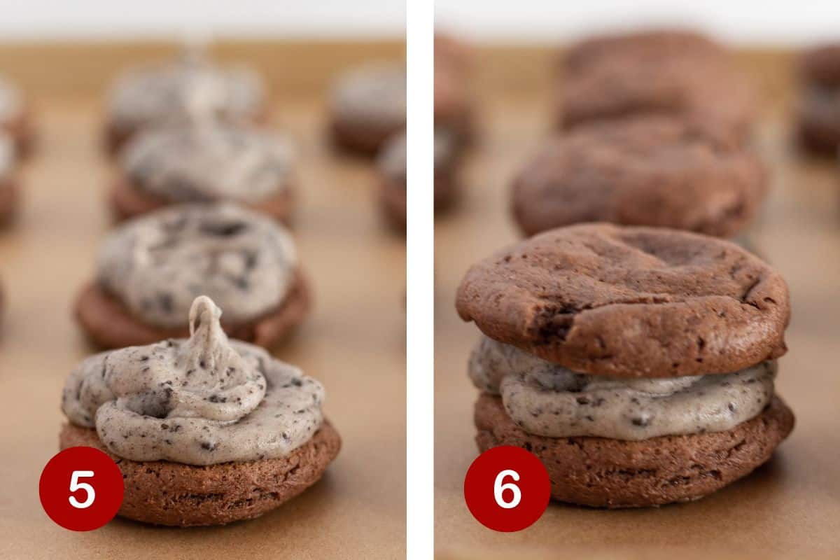 Make the cookies and cream frosting, frost half of the cookies and place a top on each cookie.