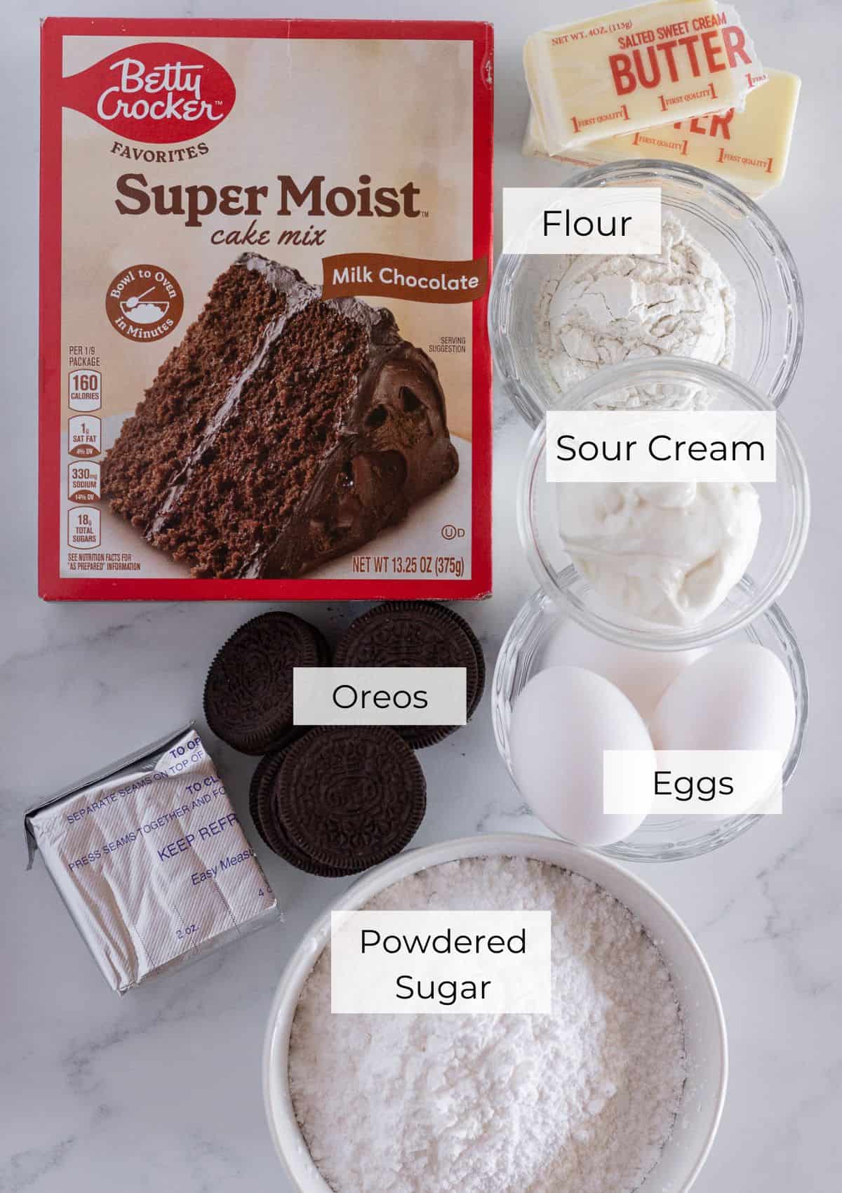 The ingredients needed to make Oreo Whoopie Pie Cookies.