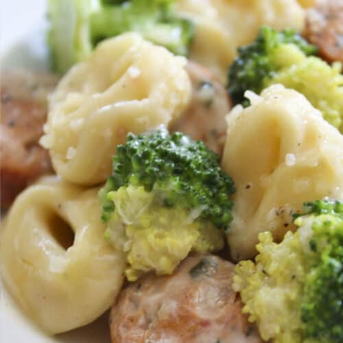 Serving sausage tortellini skillet on a white plate.