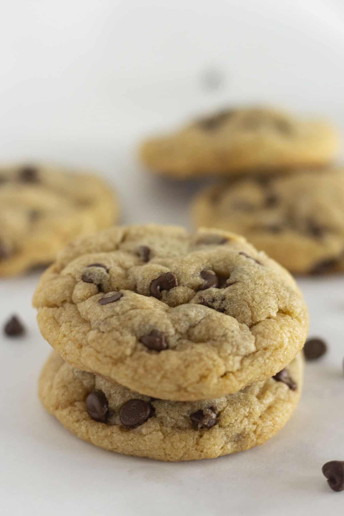 A stack of small batch chocolate chip cookies.