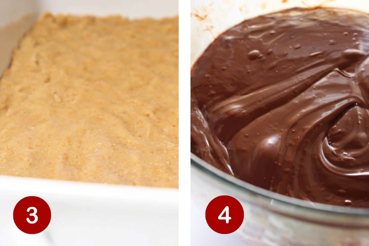 Adding cookie dough to the pan and make the chocolate fudge layer.