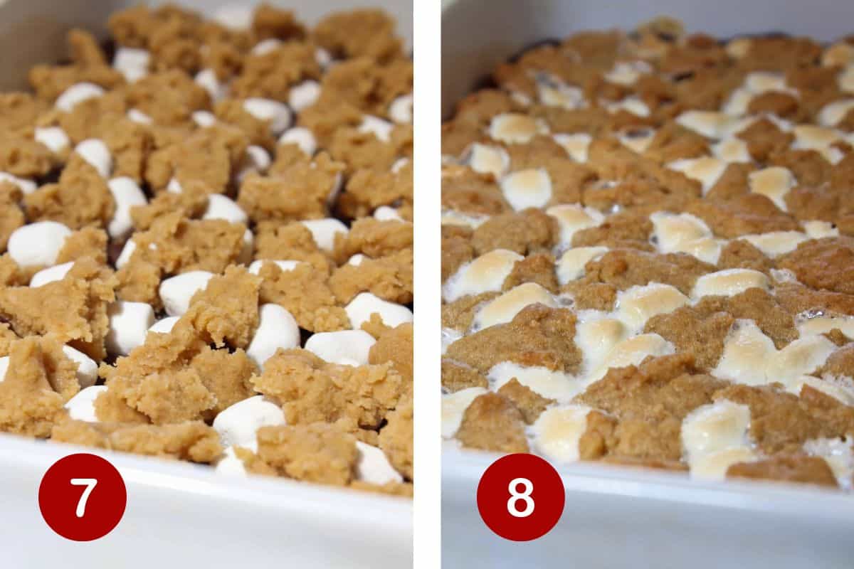 Topping bars with remaining cookie dough and baking the bars.