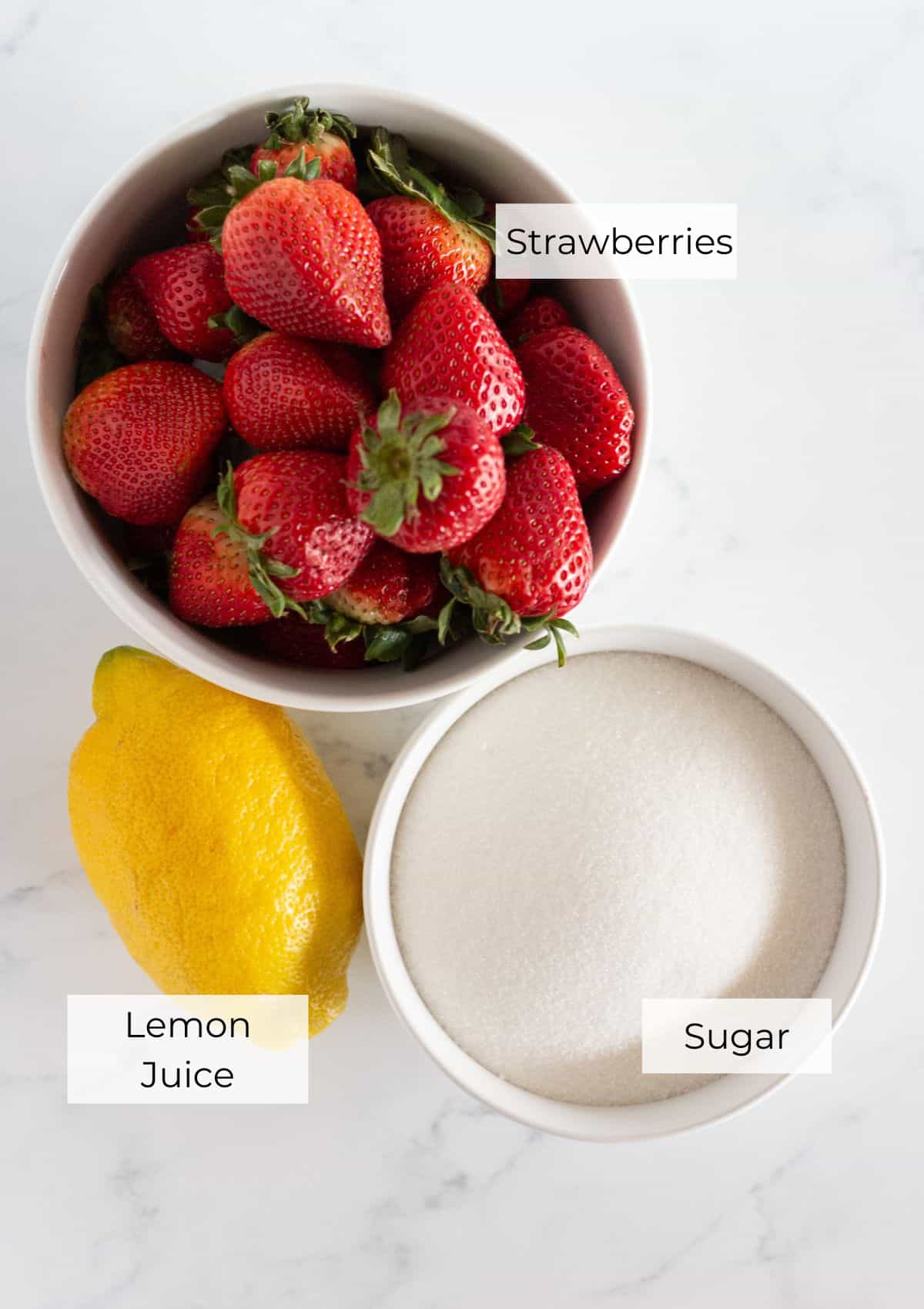 The ingredients needed to make strawberry jam without pectin.