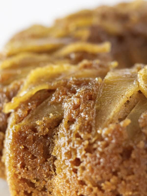 An up close photo of the apple upside down cake.