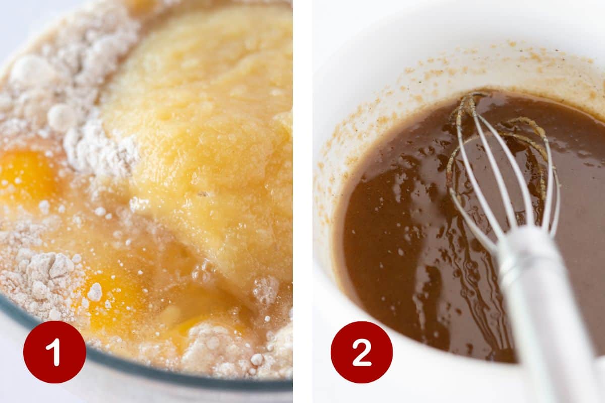 Making the cake batter and the caramel sauce.
