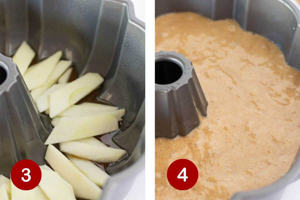 Add the caramel sauce, sliced apples and cake batter to bundt pan.