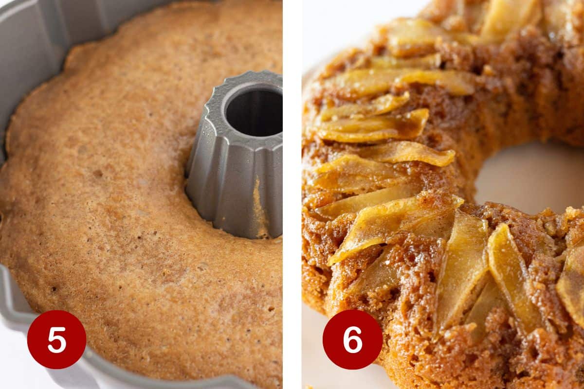 Baking the apple cake and inverting it onto a cake plate.