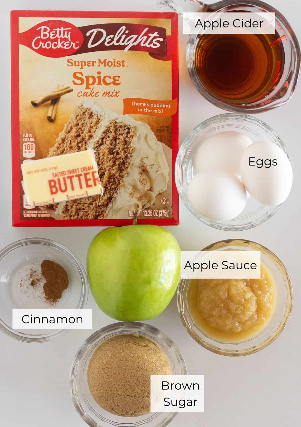 The ingredients needed to make an apple upside down cake.
