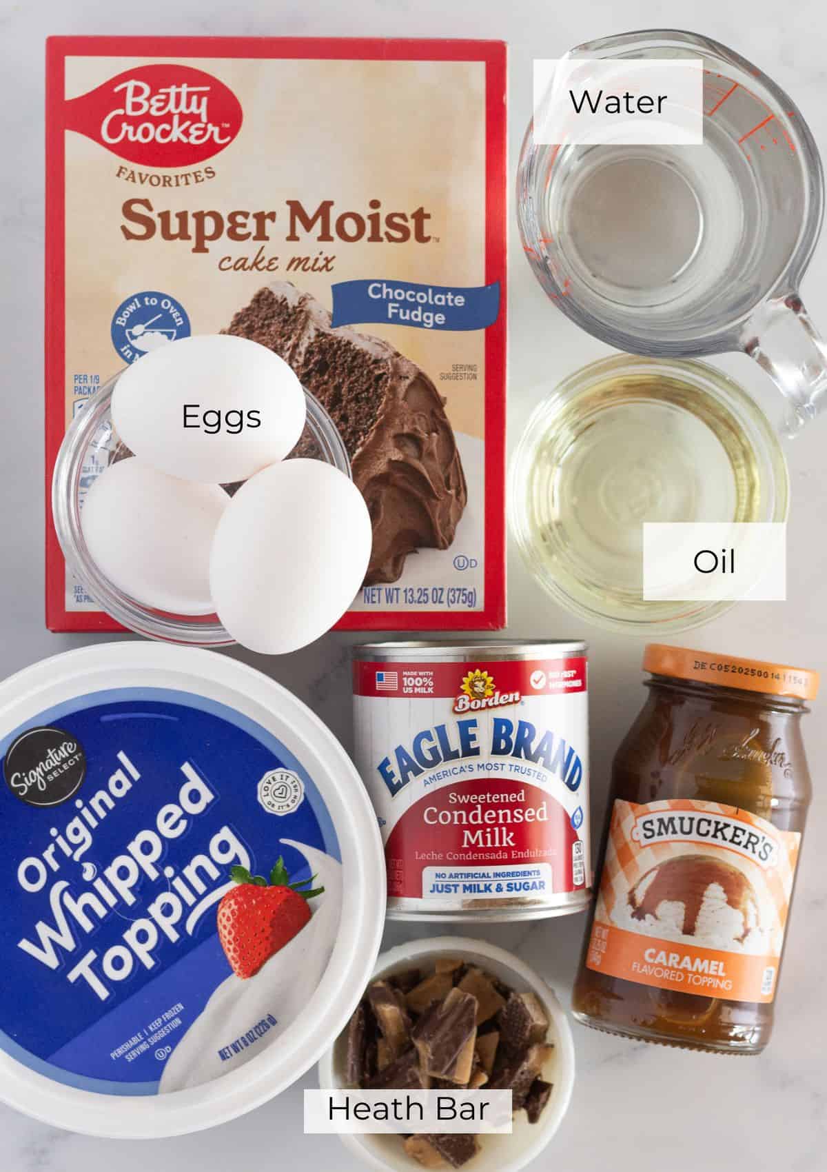 The ingredients needed to make a Better Than Anything Bundt Cake.