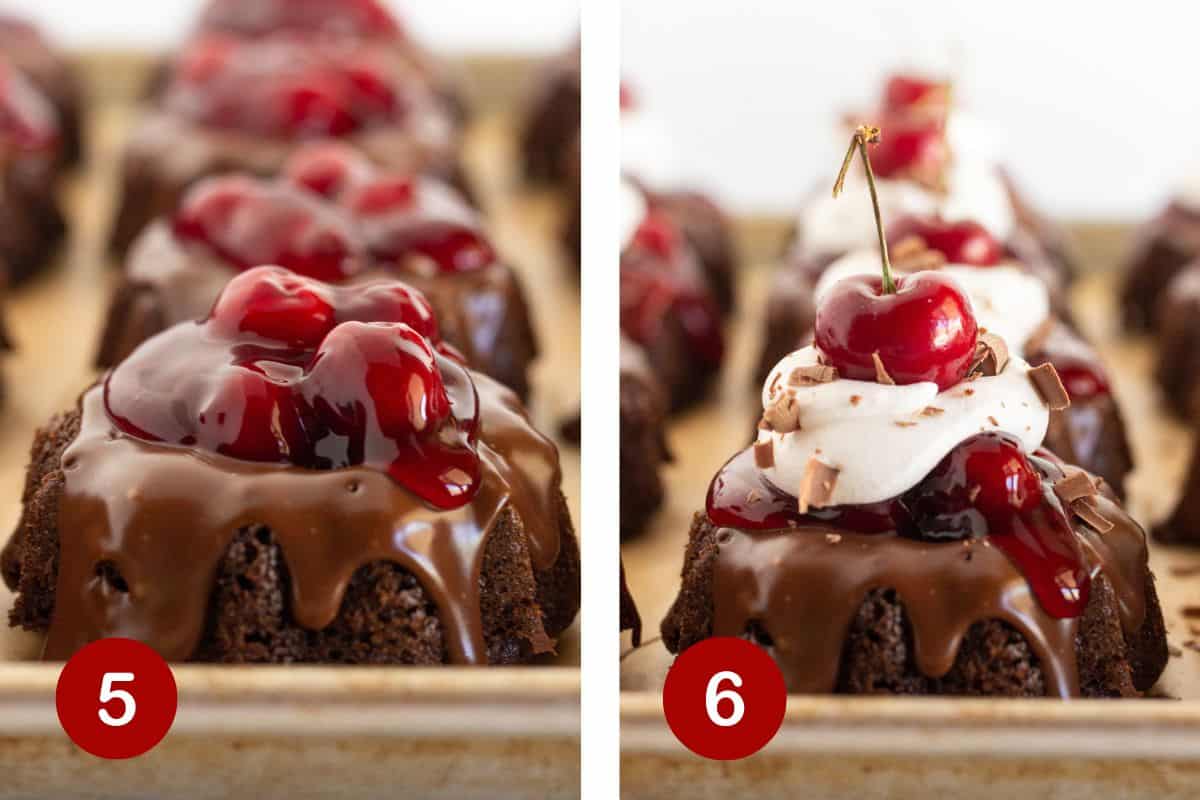 Topping cakes with cherry pie filling, whipped topping and chocolate curls.