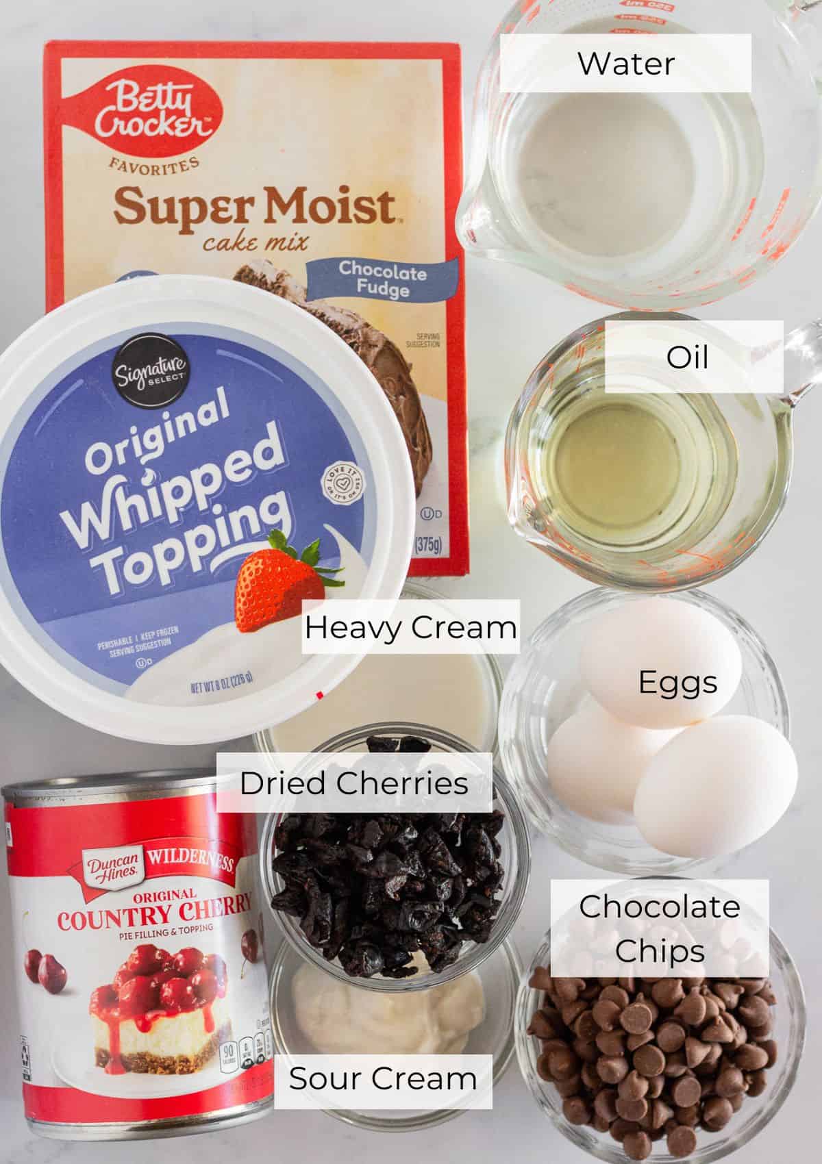 The ingredients needed to make mini black forest cakes with a cake mix.