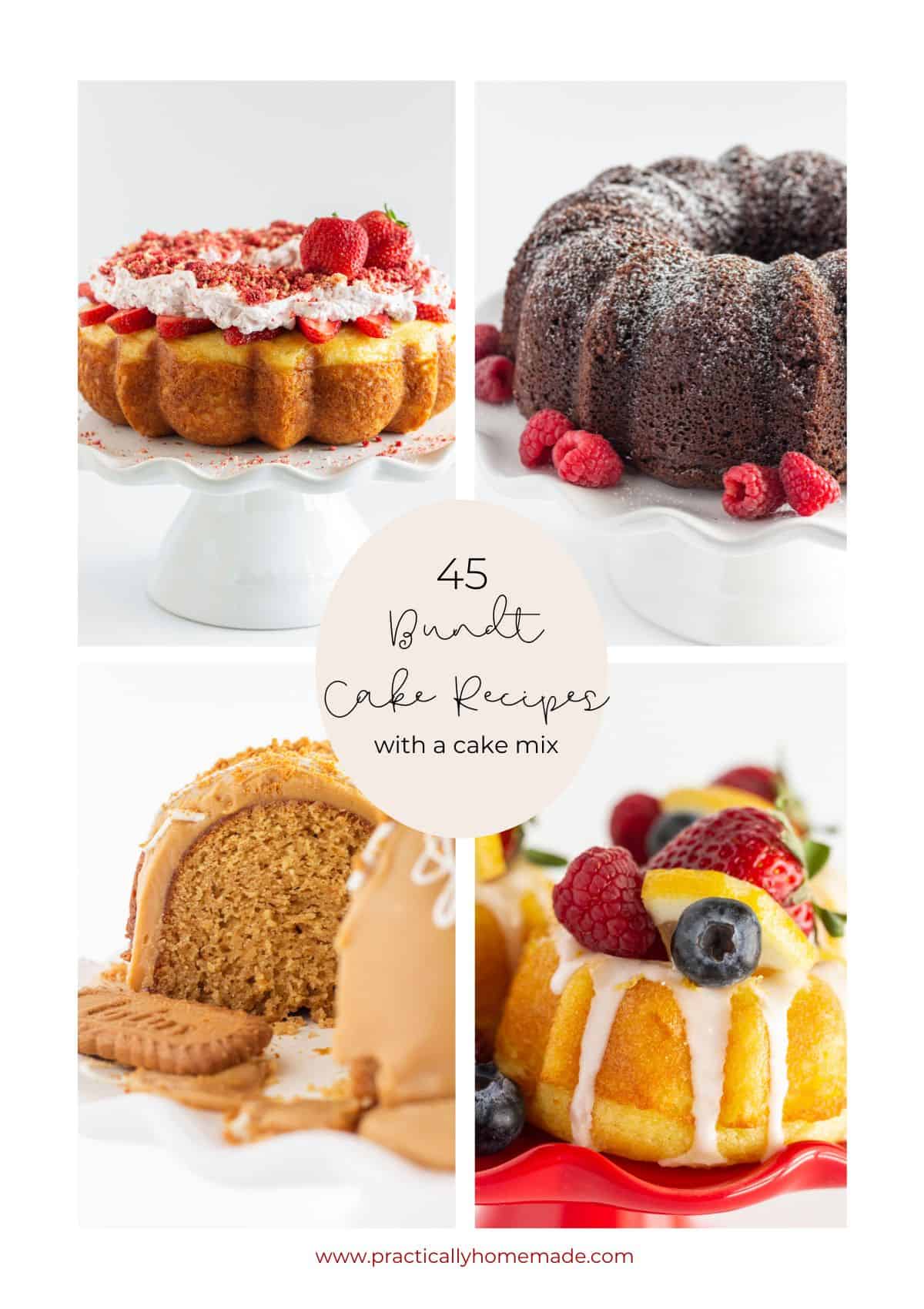 A collage of 4 of the bundt cake recipes featured in this post.