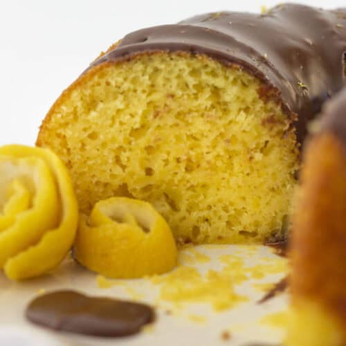 The inside of a chocolate and lemon cake after serving a few pieces.