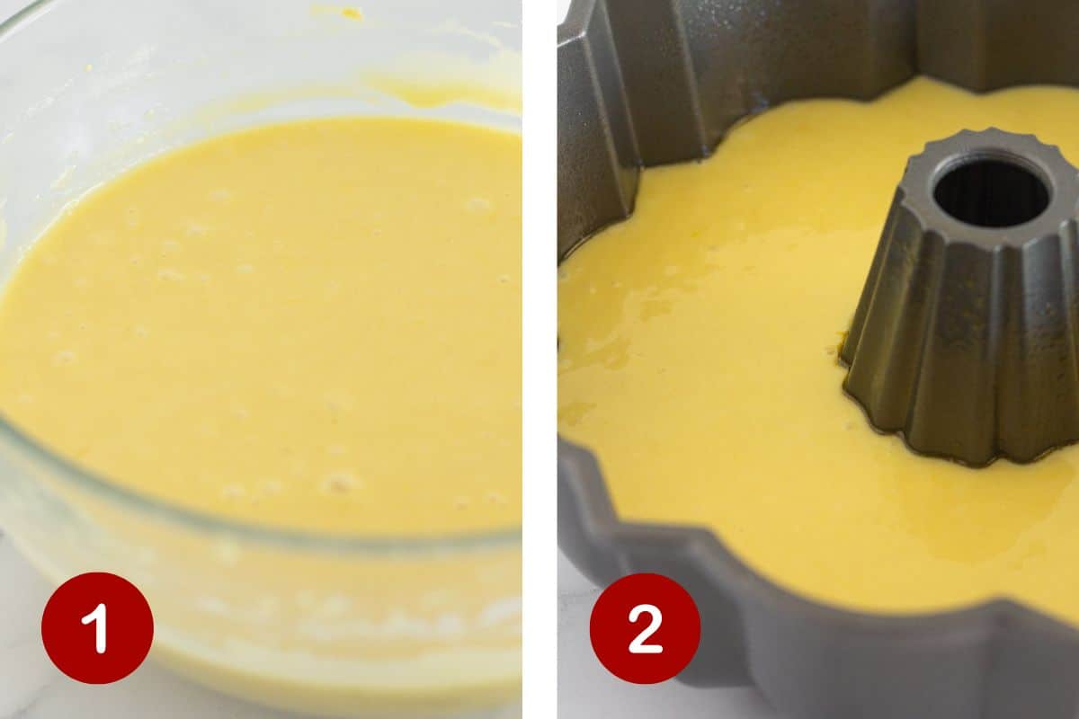 Combining the cake batter and pouring it into a prepared pan.