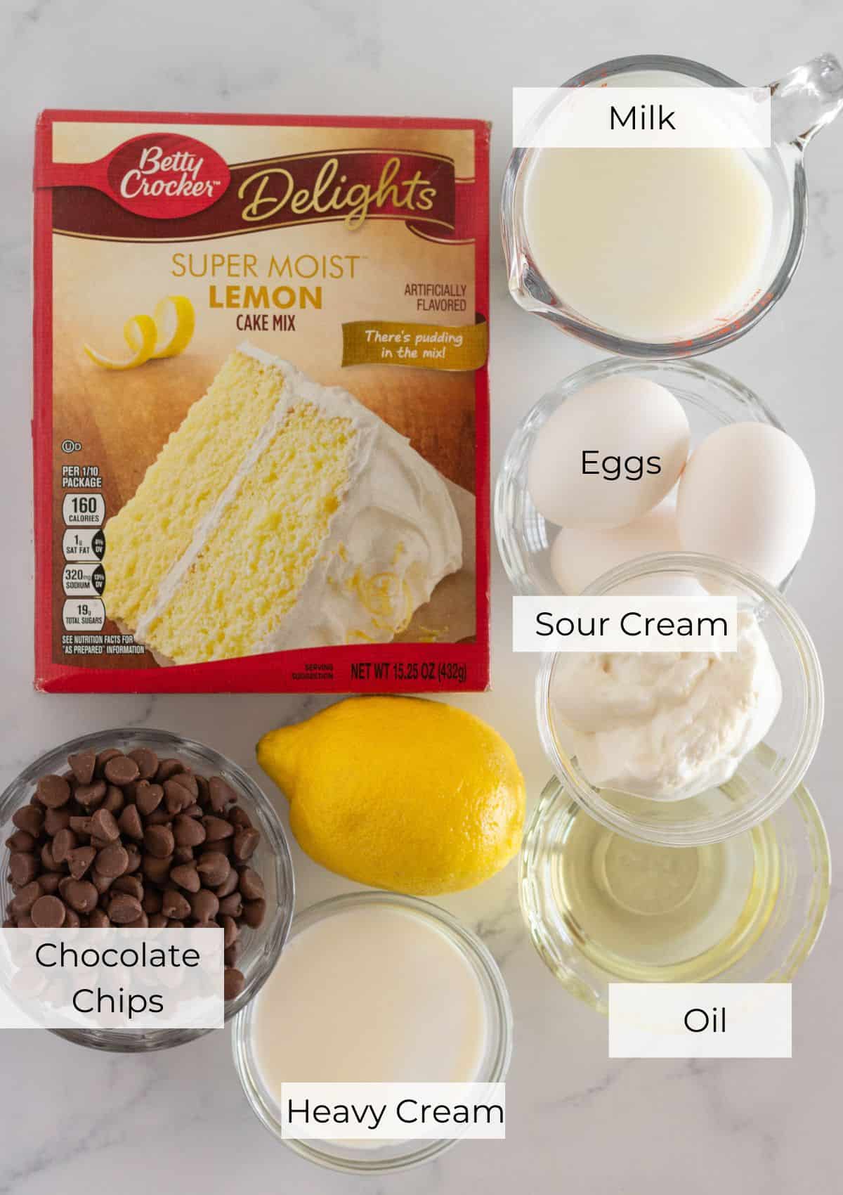 Ingredients needed to make a Chocolate Lemon Bundt Cake.