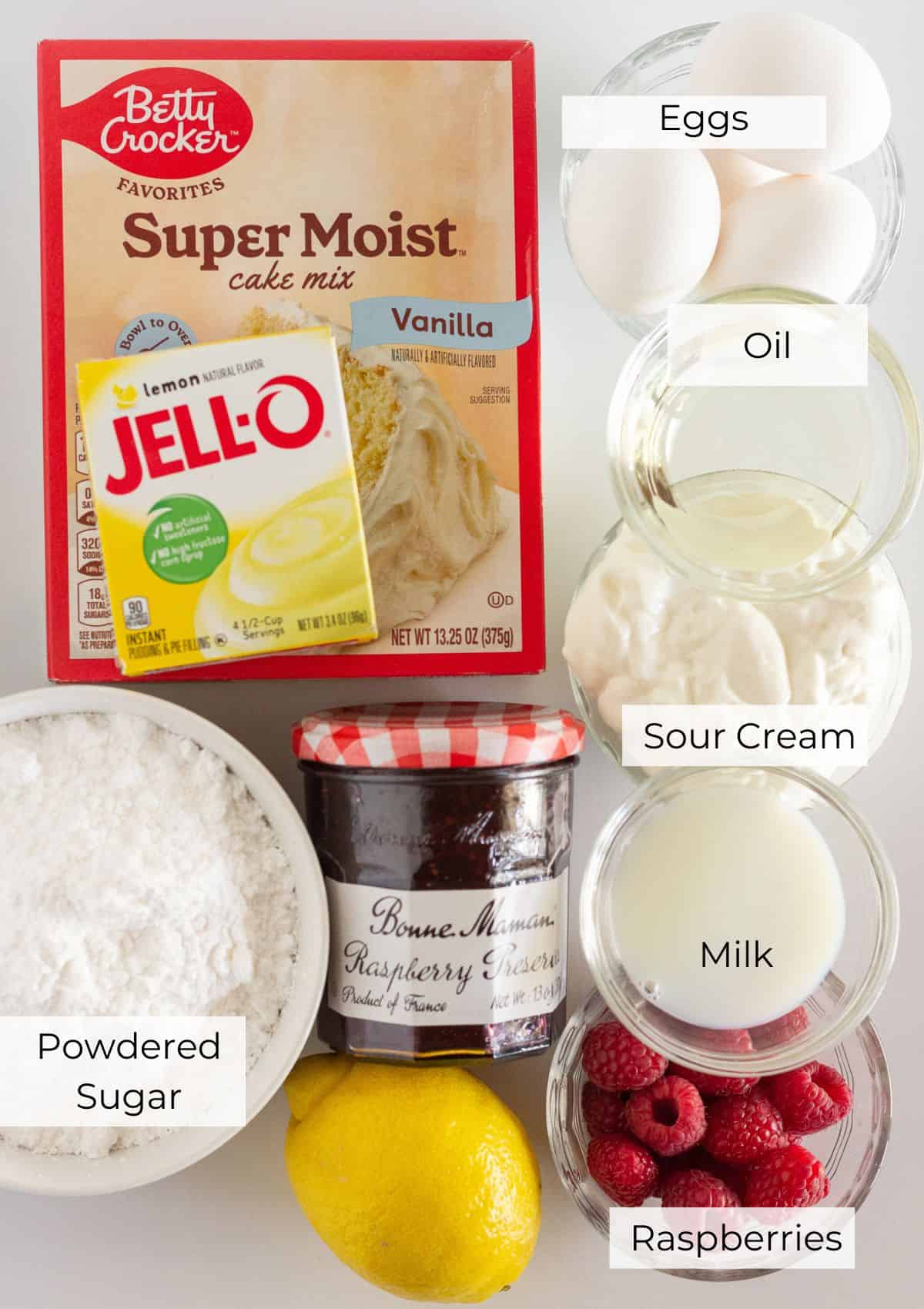 The ingredients needed to make a raspberry lemonade bundt cake.